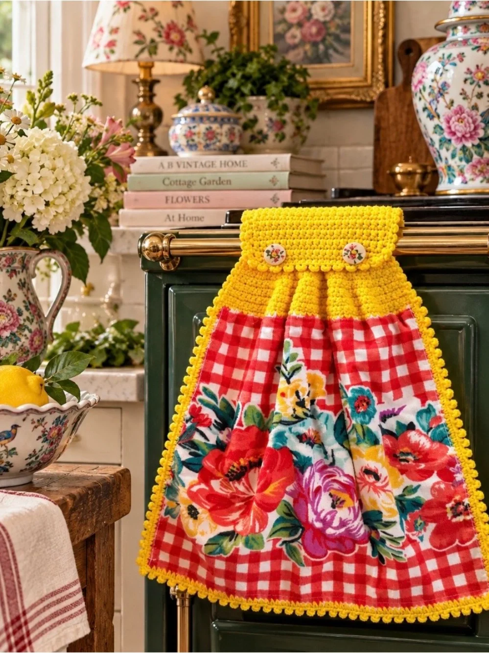 Pioneer Woman Floral Gingham Crochet Hanging Kitchen Towel